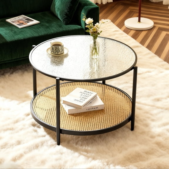 Zimtown Modern Glass Coffee Table, Round Central Table with Rattan Storage Shelf for Living Room, 2-Tier Balck Coffee Table for Small Space