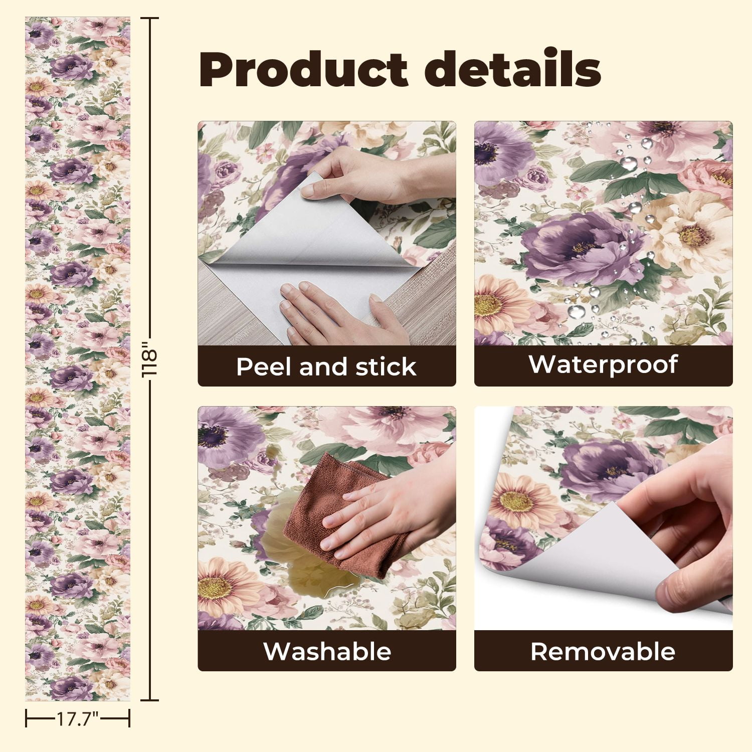 Flower Peel and Stick Wallpaper 17.7in x 9.8ft Floral Soft Pastels Blooms Lavender Peach Pink Contact Paper Vinyl Waterproof Self Adhesive Wall Paper for Bedroom Shelf Cabinet Renter Friendly