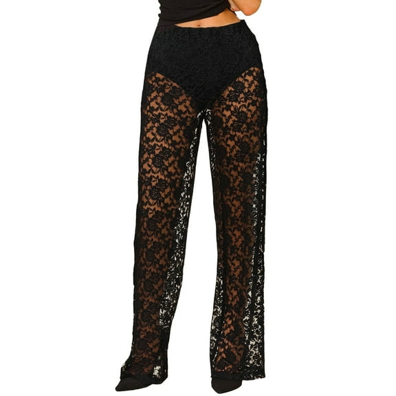 Women Sexy Lace See Through Pants Sheer Mesh Low Waist Stretchy Slim Trouser Hollow Out Skinny Leggings