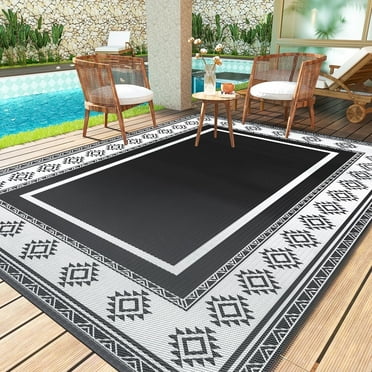 SIXHOME 5x8 Feet Waterproof Outdoor Rug - Reversible Black & White Plastic Patio Mat, Non-Slip Durable Moroccan Geometric Design for Camping, RV, Balcony, Porch, Picnic