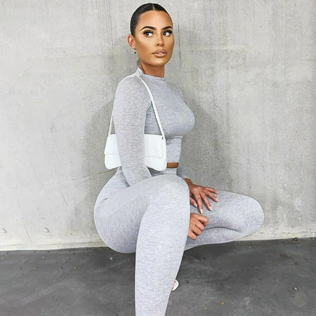 

GirarYou Women s Suits Solid Long-Sleeves Short Top and High-Waist Skinny Pants