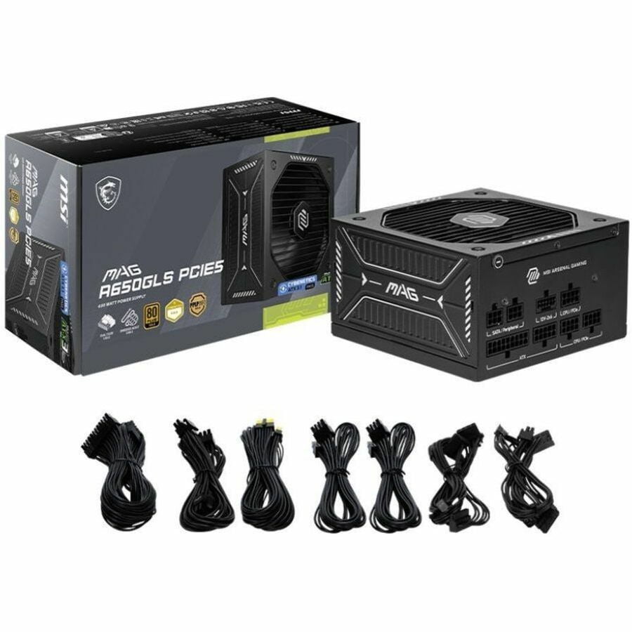 MSI MAG A650GLS PCIE5 650W Power Supply - ATX, Internal - 120 V AC, 230 V AC Input - 650 W - Active PFC - PCI Express Connector 5.1 - 1 Fan(s) - 90% Efficiency - Low Noise, On/Off Switch