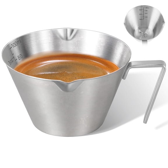 Double Spout Stainless Steel Espresso Cup, Measuring Cup with Dual Scale, Espresso Shots cup 3.4oz/100ml (Silver)