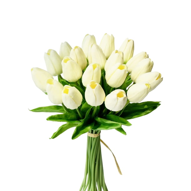 Tulipanes artificiales Mandy's Cream, flores sintéticas de poliuretano, 20 tallos