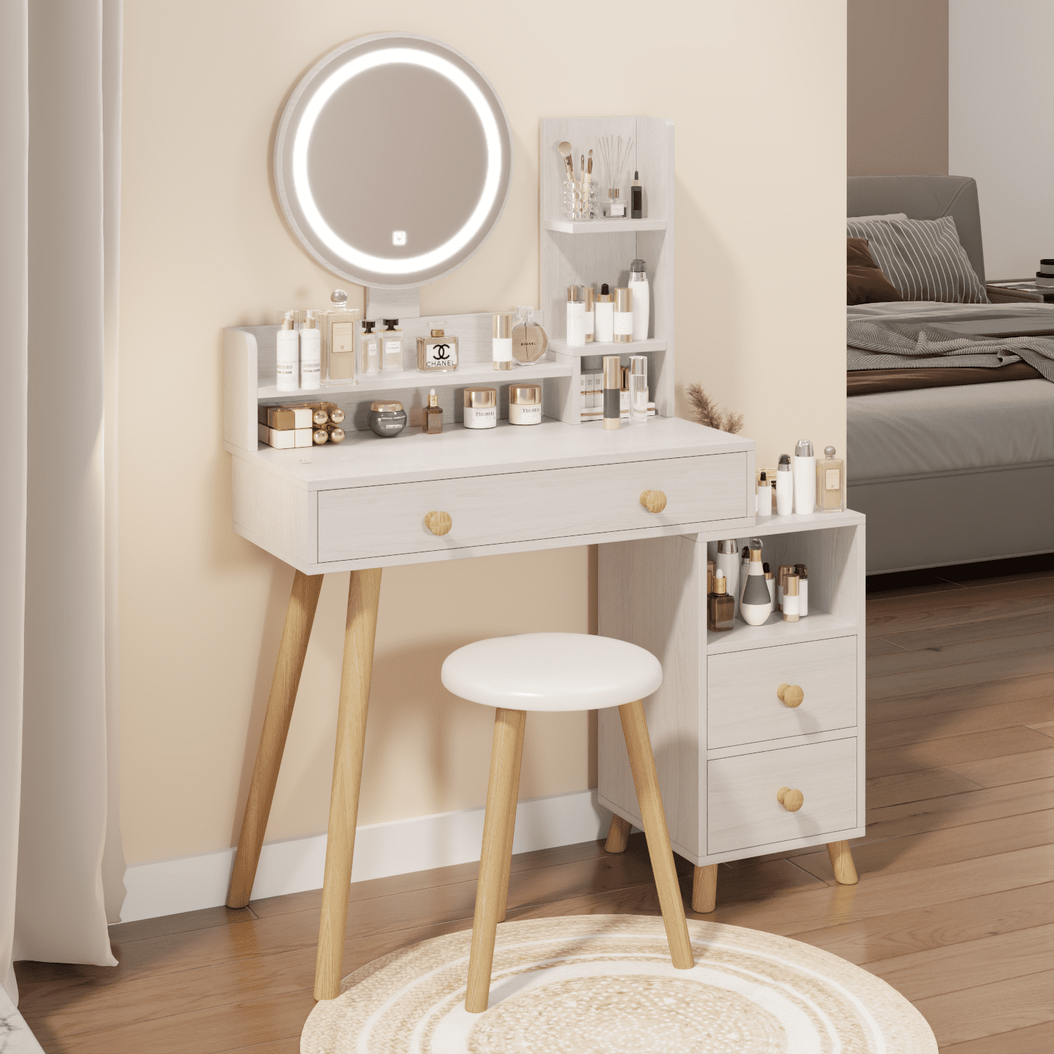 Resenkos Lighted Makeup Vanity Desk Set with Round Mirror&Power Outlet& Stool, Bedroom Dressing Table, White Oak