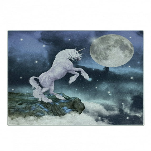 Unicorn Cutting Board, Creature up Cliffs Rocks in Full Moonlight Sky Fantasy Design Artprint, Decorative Tempered Glass Cutting and Serving Board, Small Size, Lilac Blue, by Ambesonne