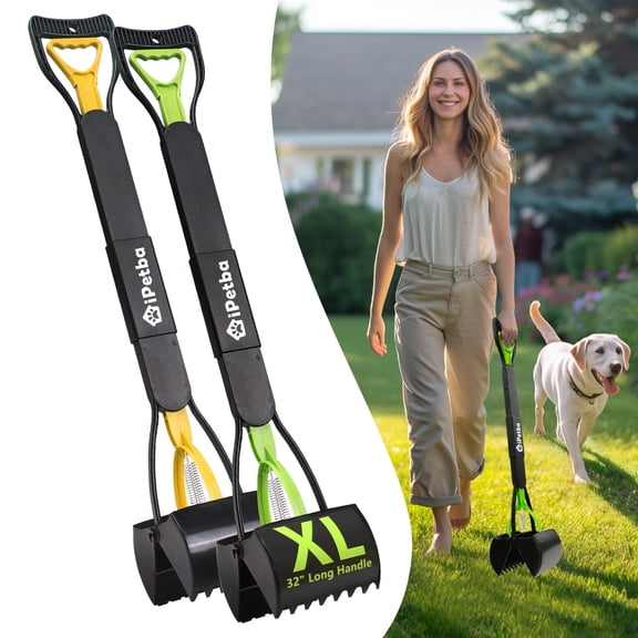 IPETBA Large Dog Pooper Scooper for Yard - 32" Long Handle, No Bending, Grass-Friendly, Easy to Clean, Durable & Sturdy, 2-Pack