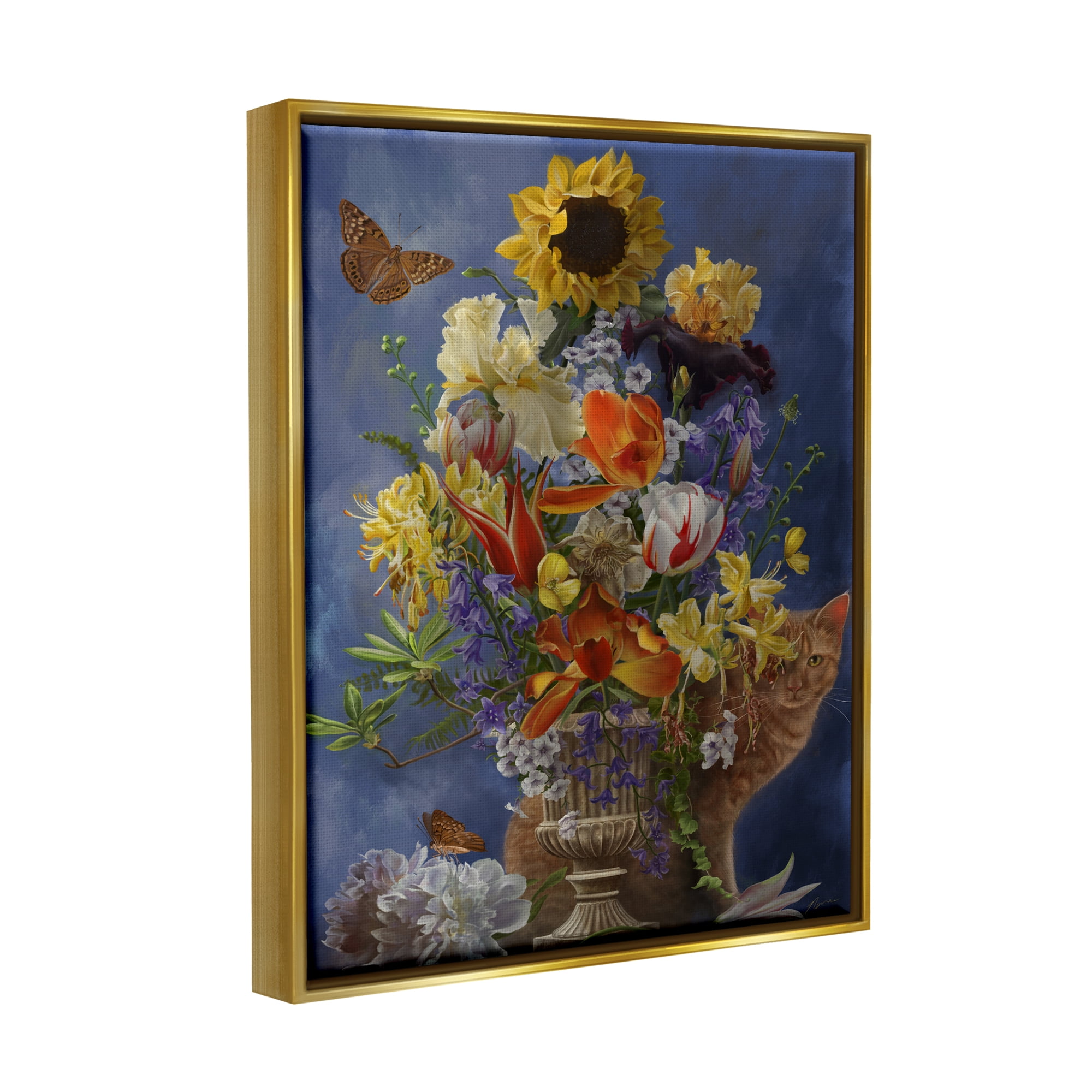 Stupell Industries Cat & Country Vase Botanical & Floral Painting Gold Floater Framed Canvas Art Print Wall Art, 17 x 21