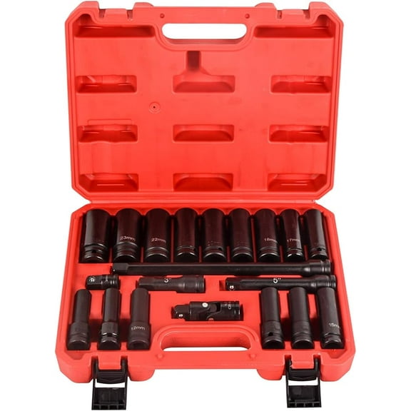 Dawot SUZANNE Mechanics Tool Set 20-Piece 1/2" Drive Deep Impact Socket Set with 3/8" to 1/2" Universal Joint & 3", 5", 10" Extensions for Auto Repairing and Household, with Storage Case