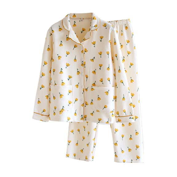 Elainilye Fashion Pajama Sets For Women Soft Winter Thin Cotton Loungewear Long Sleeve Pants Homewear Suit Two Piece Set,Gold