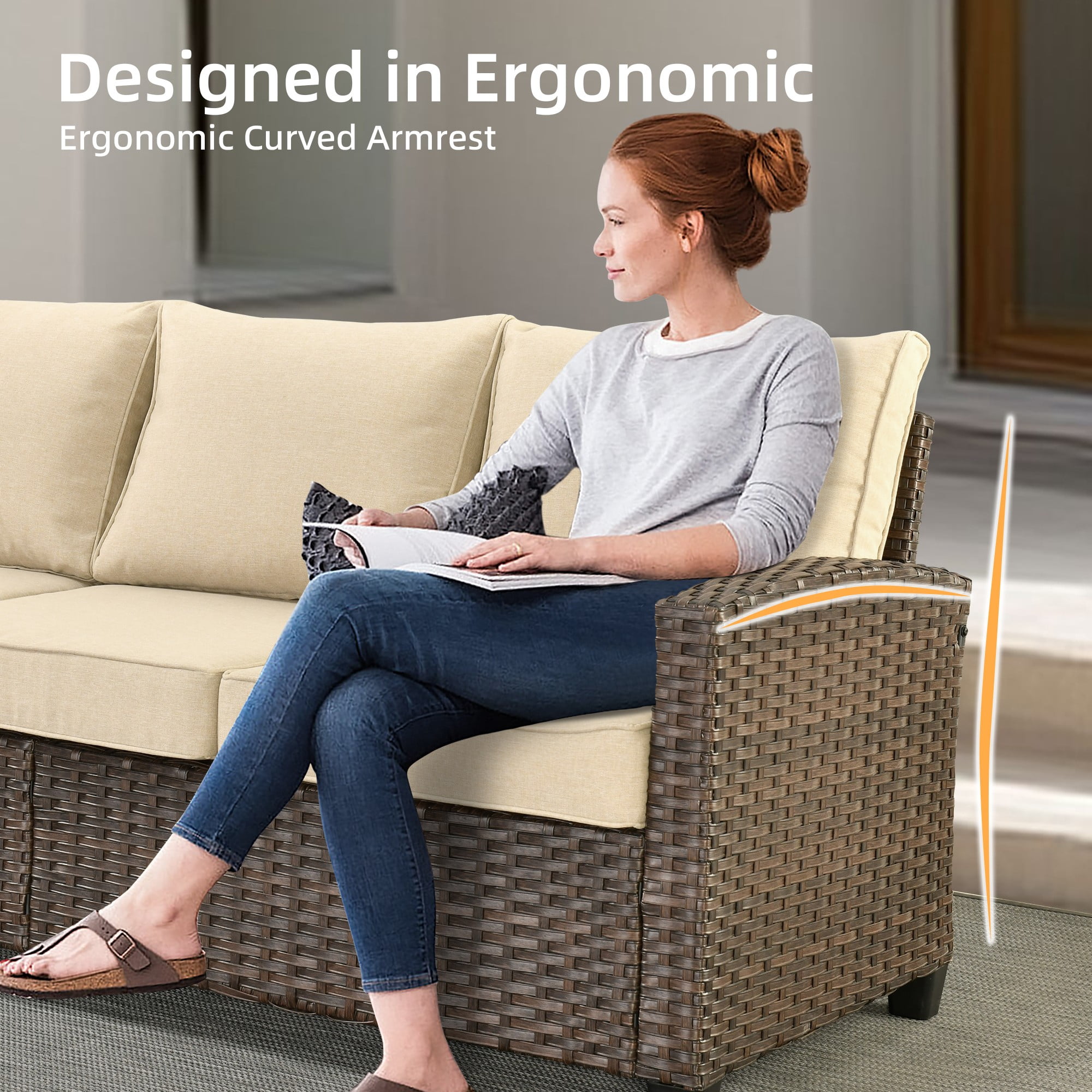 XIZZI 5 Pieces Wicker Patio Furniture All Weather Outside Seating Set High Back Rattan Outdoor Conversation Set with Cushion Ottoman for Balcony, Beige