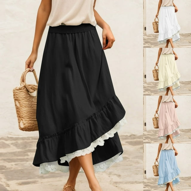 Wedding Guest Dresses Women Plus Size Ladies French Style Irregular Ruffled Lace Trimmed High Waist Flared Dress Plus Size Dress Light Yellow One Size