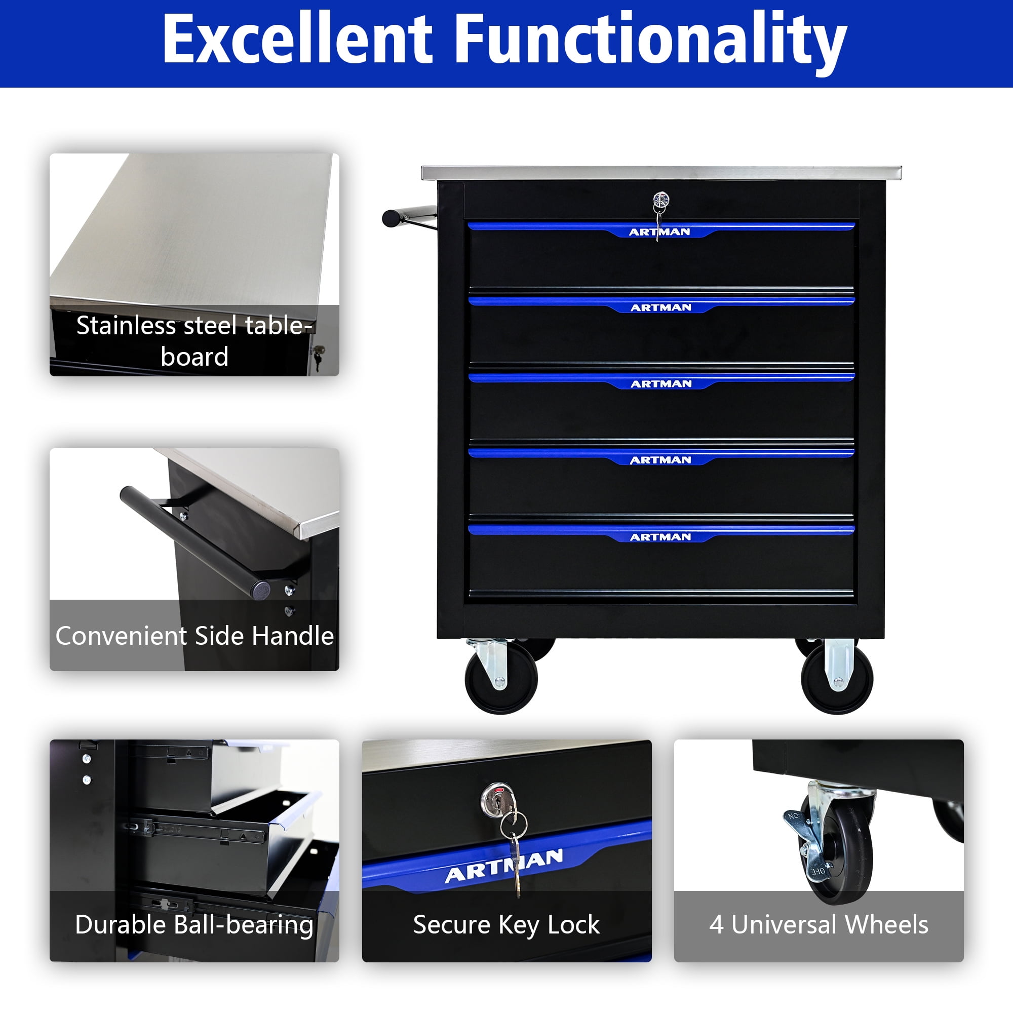 Aukfa Composable 25.9 in Tool Chest with 5 Drawers&7 Plastic Storage Box for Workshop Garage, Black