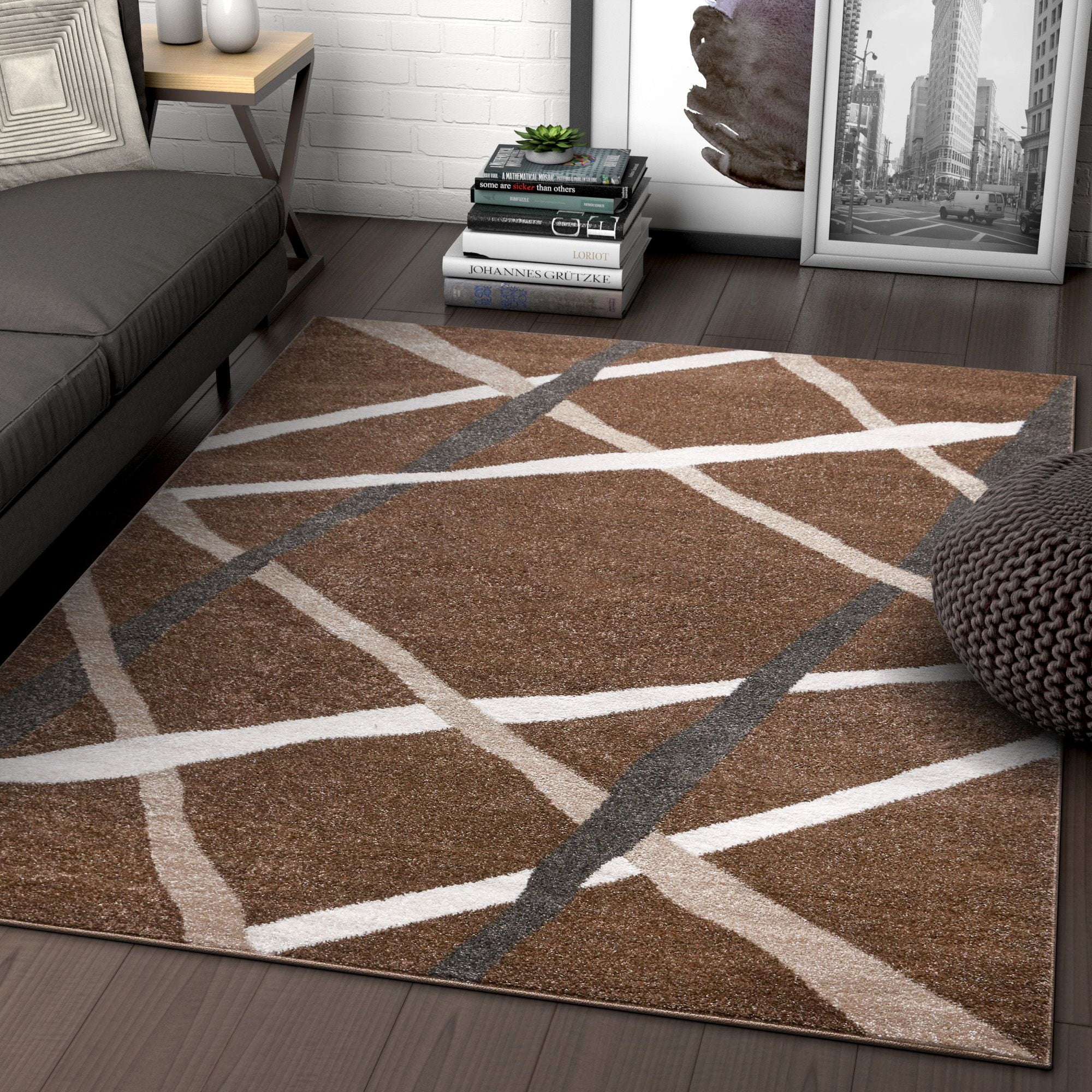 Well Woven Traverse Stripes Brown Geometric Modern Lines Accent Area Rug 4x5 (3'11" x 5'3