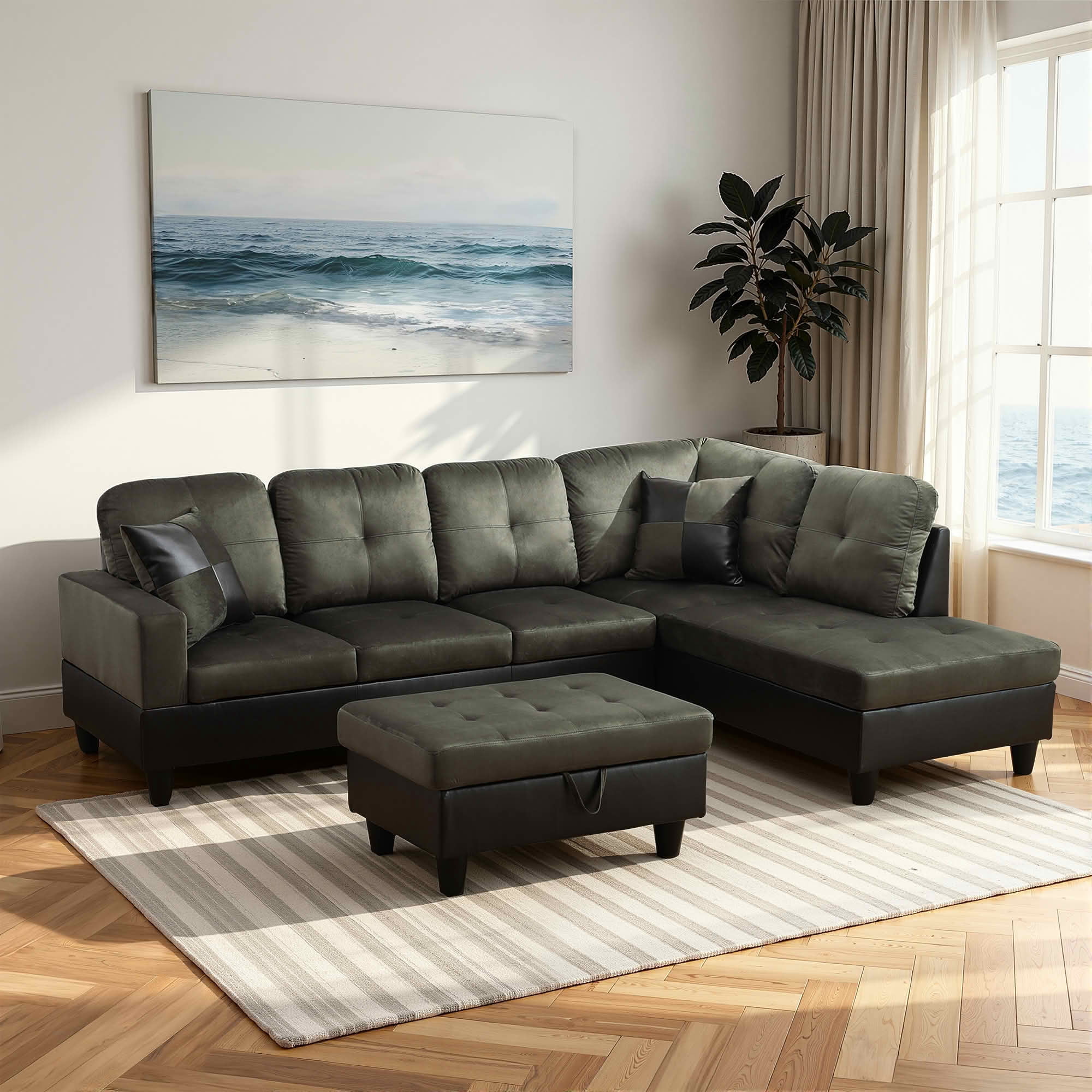 MAYEERTY 103.5" Taupe Flannel & PVC Faux Leather L-Shaped Sectional Sofa, 3 Piece Tufted Corner Couch with Storage Ottoman Solid Wood Frame