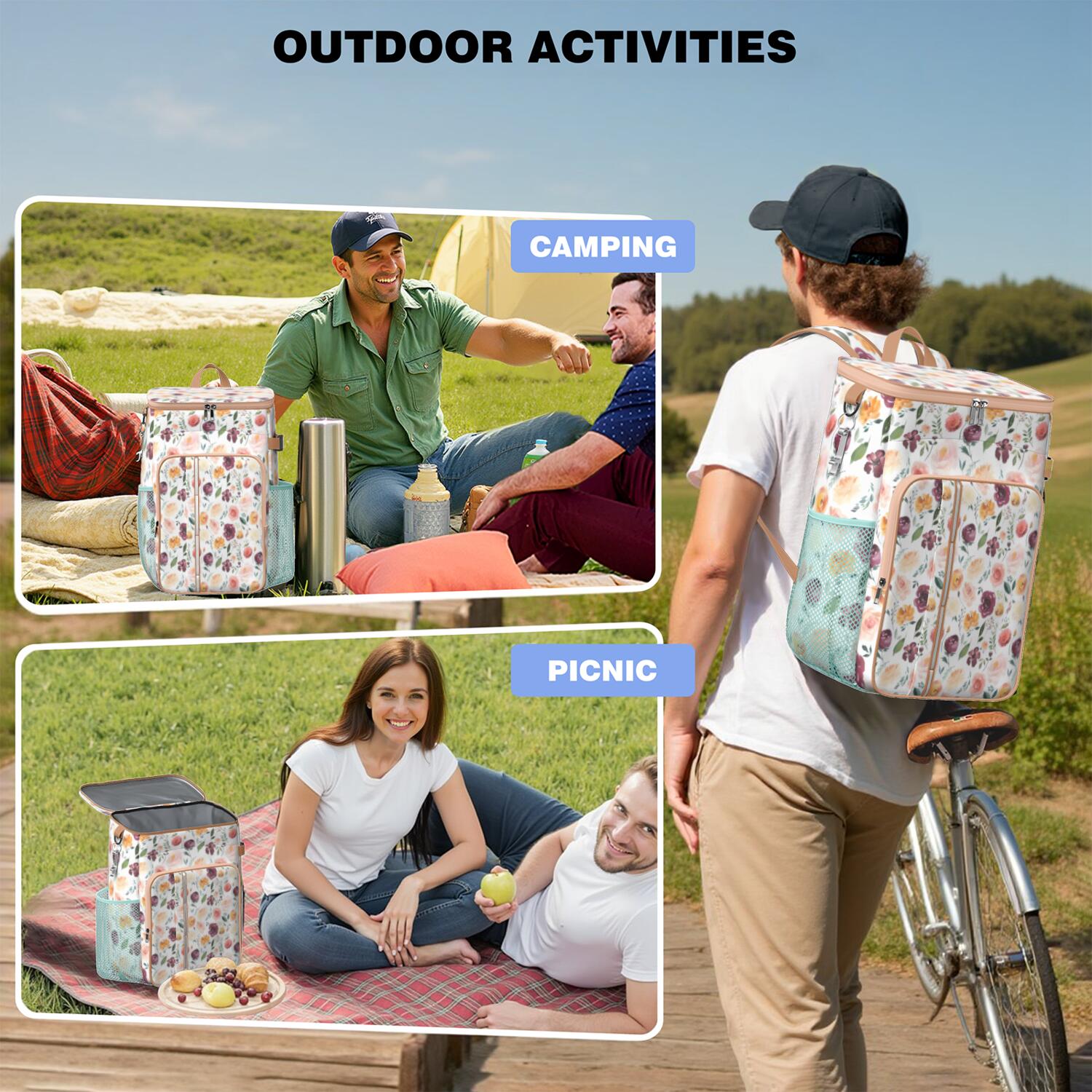 Travel Cooler Bag - Pioneer Flower Floral Print Pattern Camping Beer Cooler Backpack with Bottle Opener- Waterproof Insulated Picnic Backpacks - Cooler Bag for Beach