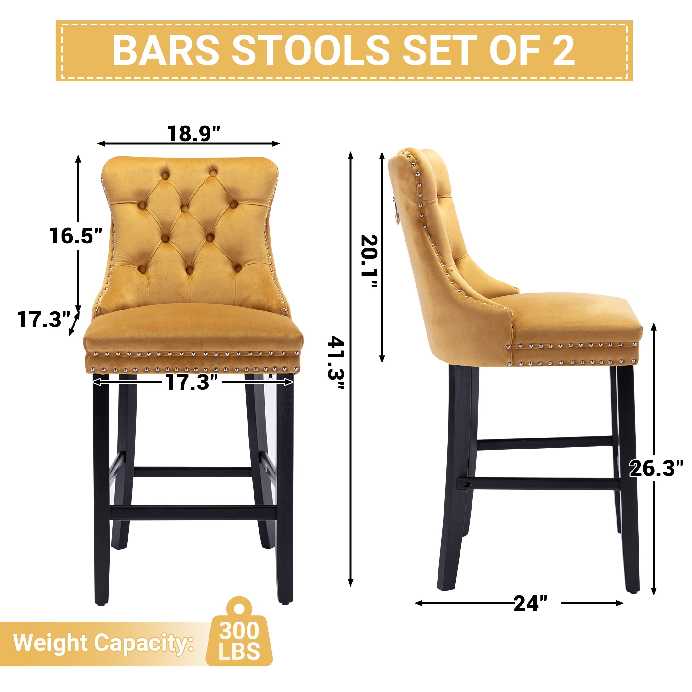 Paproos Upholstered Bar Stools Set of 2, Velvet Barstools with Wood Legs and Tufted, Modern Leisure Counter Height Bar Chairs with Chrome Nailhead Trim for Home Pub and Kitchen Island, Gold