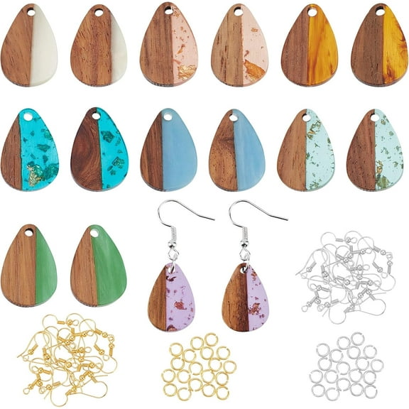 156pcs Resin Wooden Earring Pendants Teardrop Resin Walnut Wood Earring Makings Kit Wood Earring Accessories with Earring Hooks Jump Rings for Earrings Making - 8 Colors Colorful