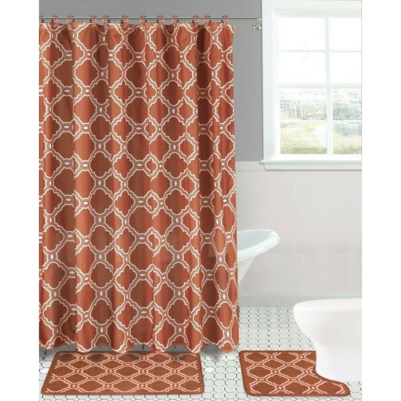HONEY ORANGE 15-piece Hotel Bathroom Sets - 2 Non-Slip Bath Mats Rugs Fabric Shower Curtain 12-Hooks