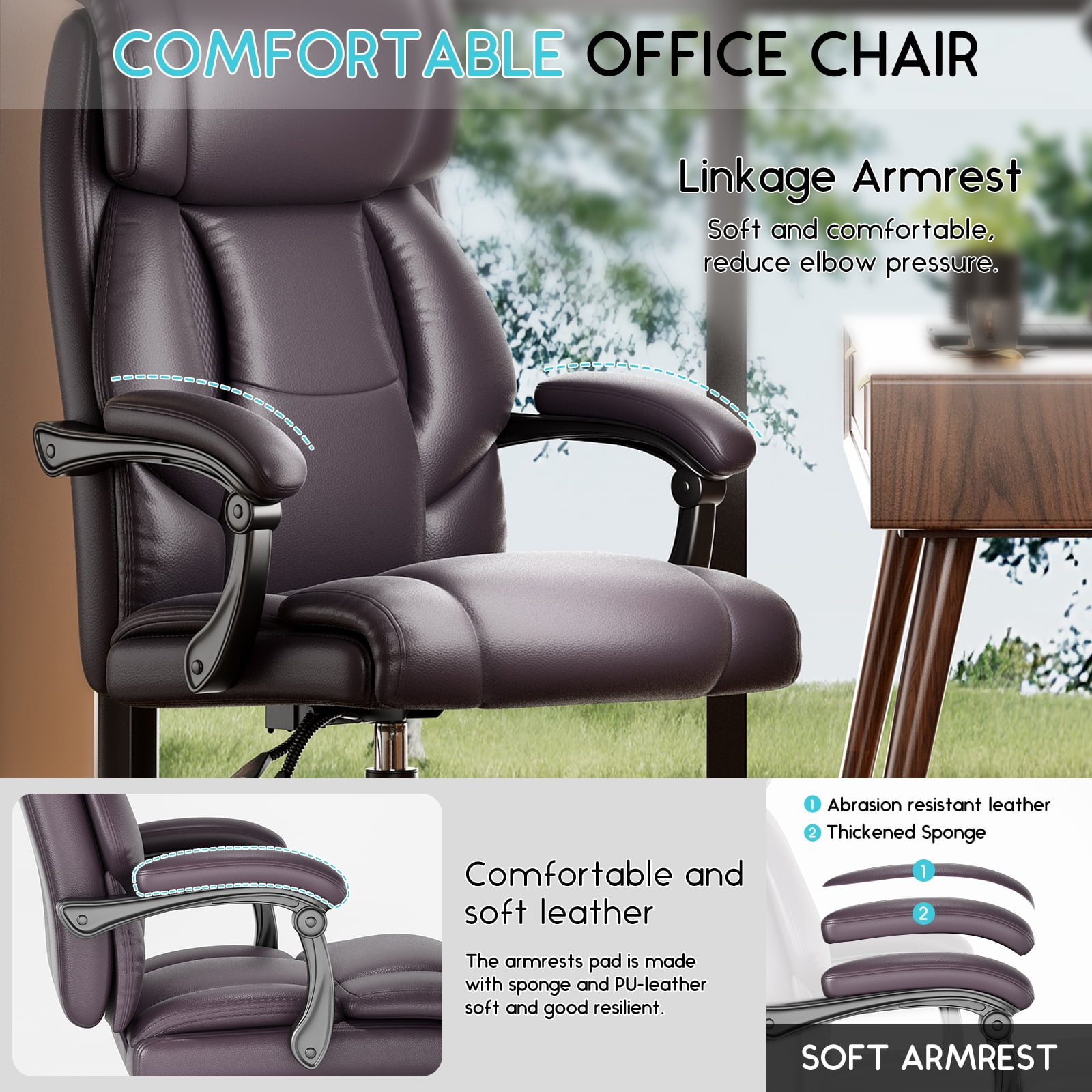 Ninecer Reclining Office Chair, Comfortable and Heavy Duty Executive Office Desk Chair, Brown (Set of 1)