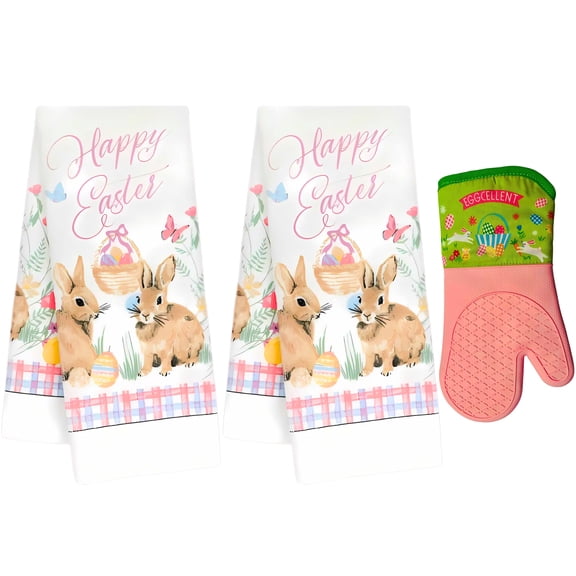 (2) Happy Easter Bunny Kitchen Towels, 15x25in and Pink “Eggcellent” Oven Mitt, Spring Home Décor Farmhouse Kitchen Accessories Seasonal Hostess HousewarmingGift Cooking Baking Tools