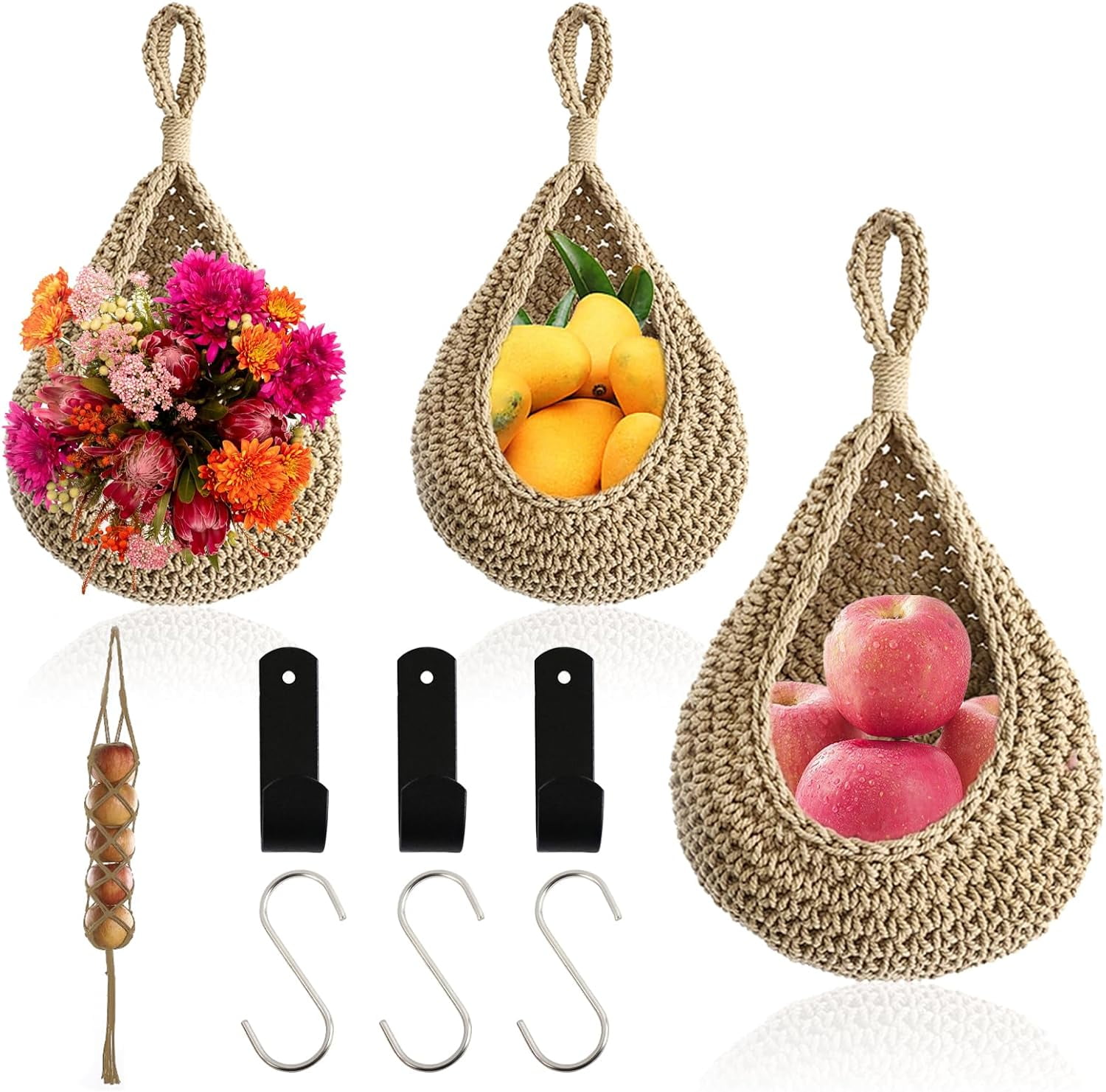 ZYNERY 4 Pack Hanging Fruit Baskets for Kitchen with 6Pcs Hooks, Boho Wall Hanging Baskets, Teardrop Hanging Baskets, Produce Basket for Potato Onion Storage, Home Wall Mount Organizing, Cotton Rope
