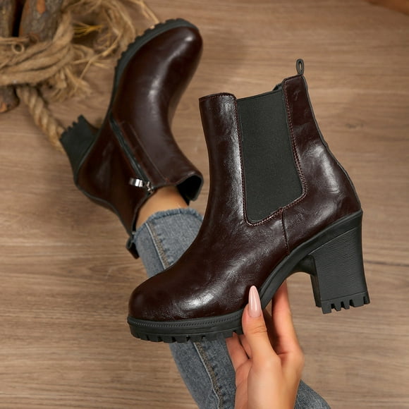 zhenglin Women's Chunky Heel Chelsea Boots - Versatile Sweet & Edgy Trendy Autumn Winter Style High Heel Ankle Boots for Eye-Catching Fashion