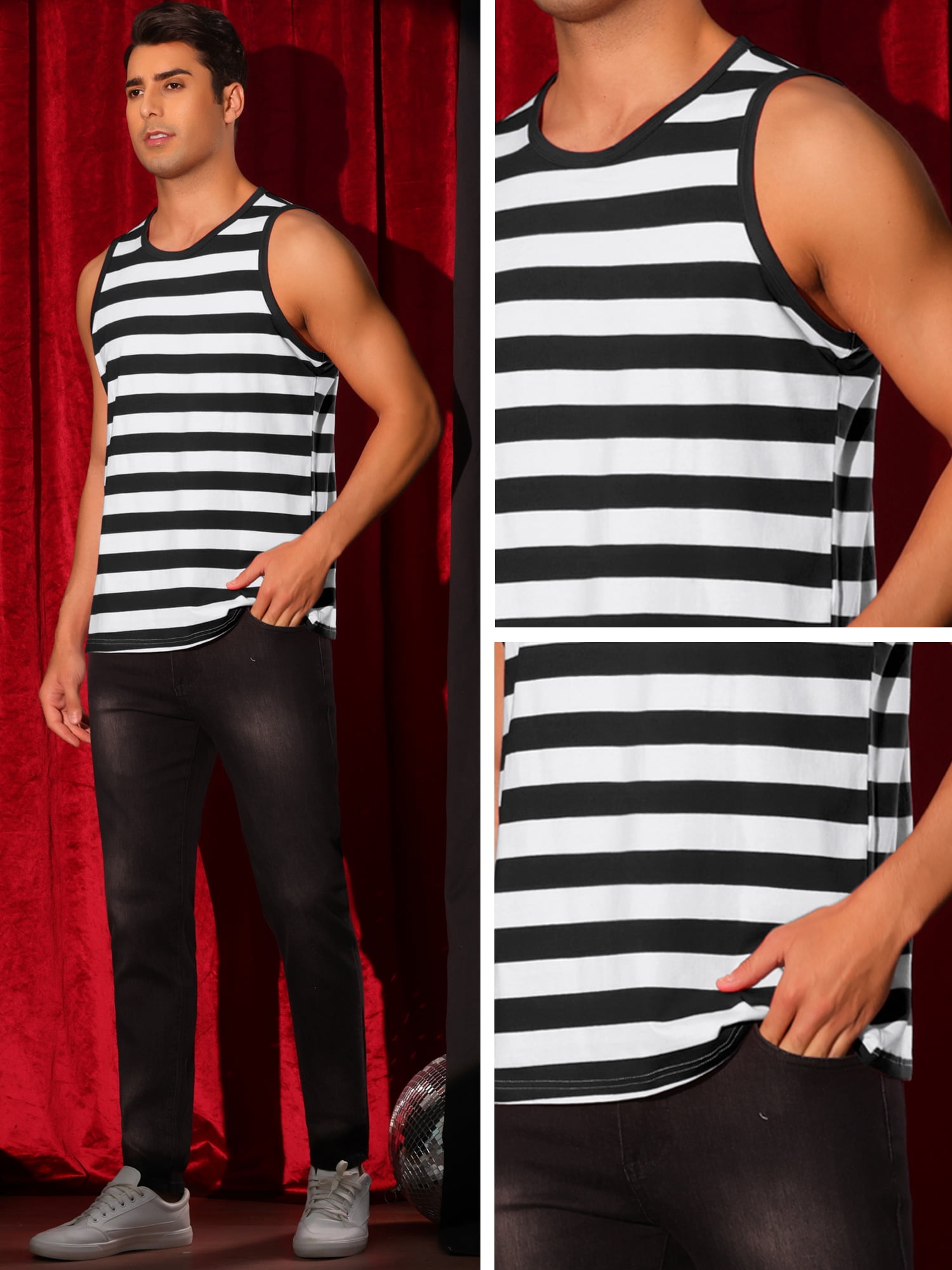 DARING DIVA Men's Stripes Tank Sleeveless T-Shirt Crew Neck Striped Vest M Black White