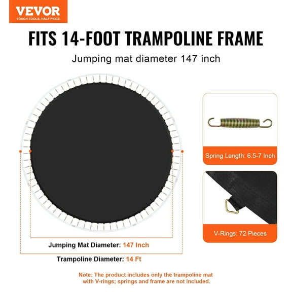 14ft Trampoline Replacement Mat with 72 V-Rings, Compatible with 6.5-7 Inch Springs, UV-Resistant