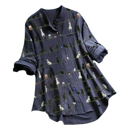 

Women Casual Cat Print Long Sleeve O-Neck Button Loose Shirt Top Blouse