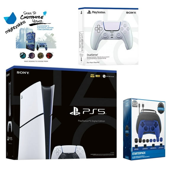 Sony PlayStation 5 Slim Digital with Extra Chroma Pearl Controller, Pro Gamer Starter Kit and MightySkins Decal Voucher