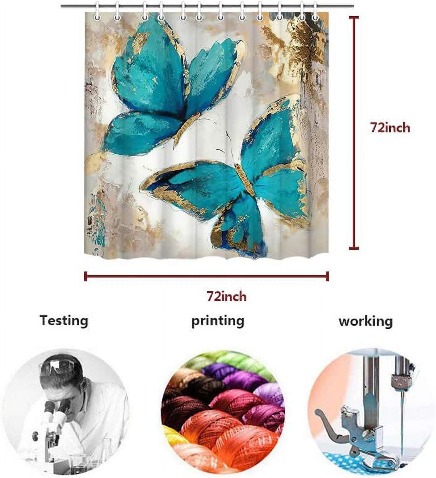 Teal Butterfly Shower Curtain Set with 12 Hooks, Decorative Shower Curtain Modern Bathroom Accessories, Machine Washable 72x72