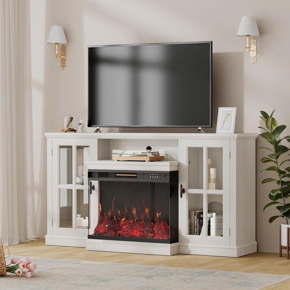 Furniwell Electric Fireplace TV Stand for TVs up to 65’’, Farmhouse Media Entertainment Center with 3-Sided Glass Fireplace, TV Console with Door Storage Cabinet for Living Room (White)