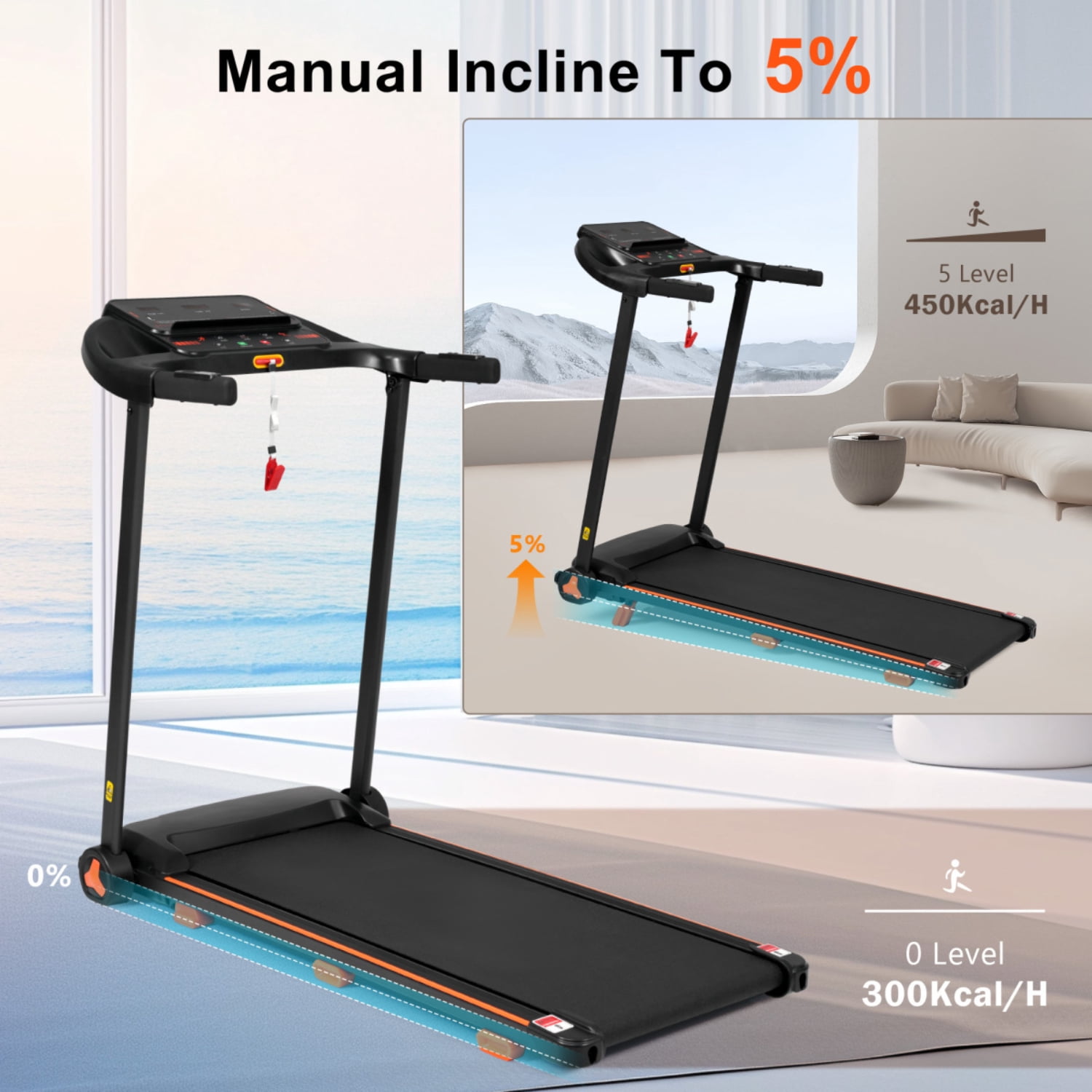 2.5HP Folding Treadmill with Heart Rate Sensor, 300LB Capacity, 7.5MPH Speed, Incline, USB Charging Station for Android, Bluetooth Speaker, 6 Shock Absorbers