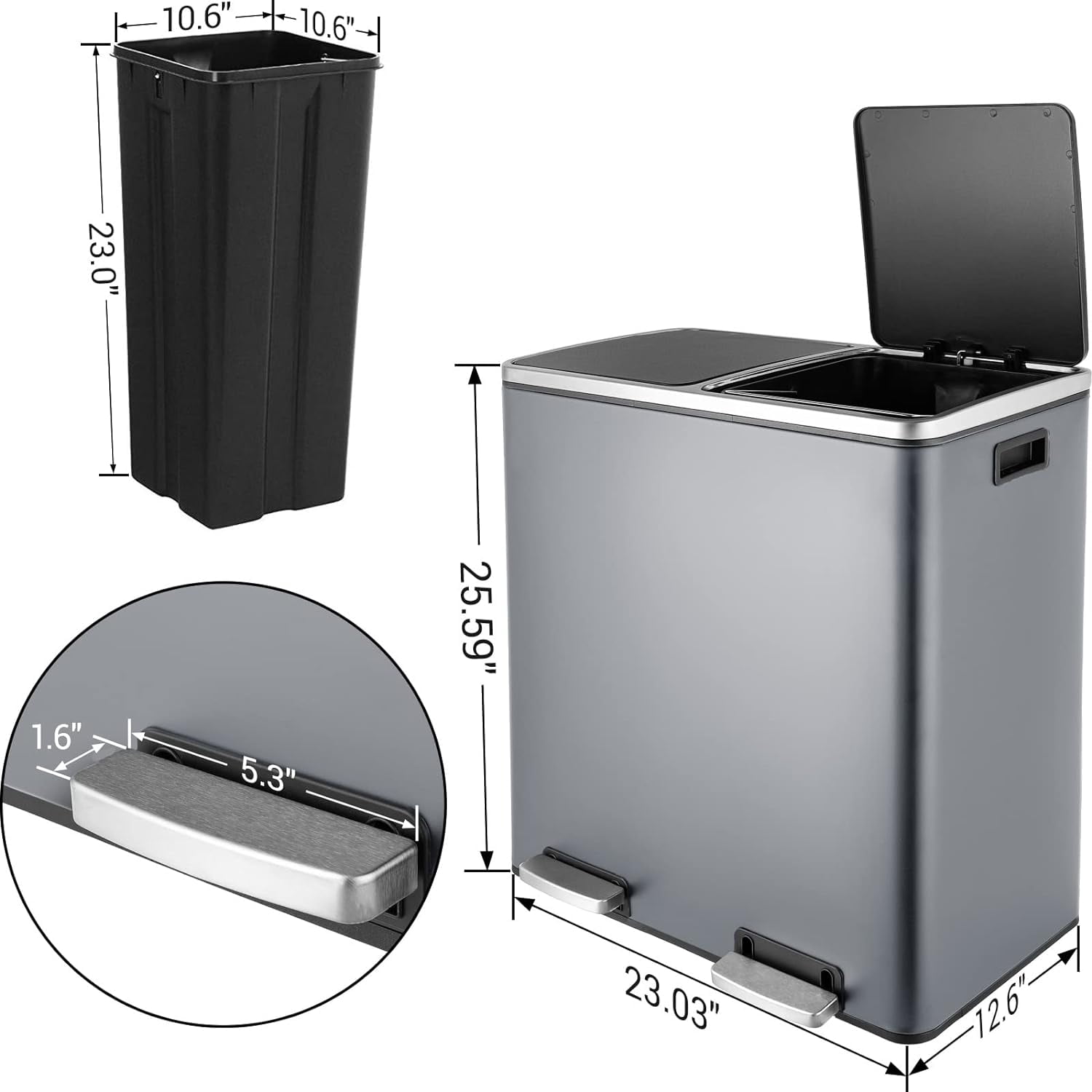 Arlopu 16 Gallon Dual Trash Can with Foot Pedal, Stainless Steel Kitchen Garbage Can with Lids, Double Compartment Classified Recycling Bin