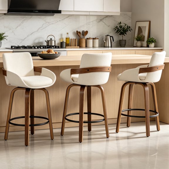 CRERIYO 26" Swivel Counter Height Bar Stools Set of 3, Linen Fabric Upholstered Bar Chairs with Black Ring Footrest and Walnut Wood Legs, Beige