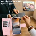 thumbnail image 6 of Case For Apple iPhone 17 6.3 inch,RFID Blocking，Split PU Leather Detachable 2 In 1 Flip Folio Wallet With Multi-Card Slots,Wristband，Kickstand Magnetic Protective Cover,Pink,For iPhone 17, 6 of 8