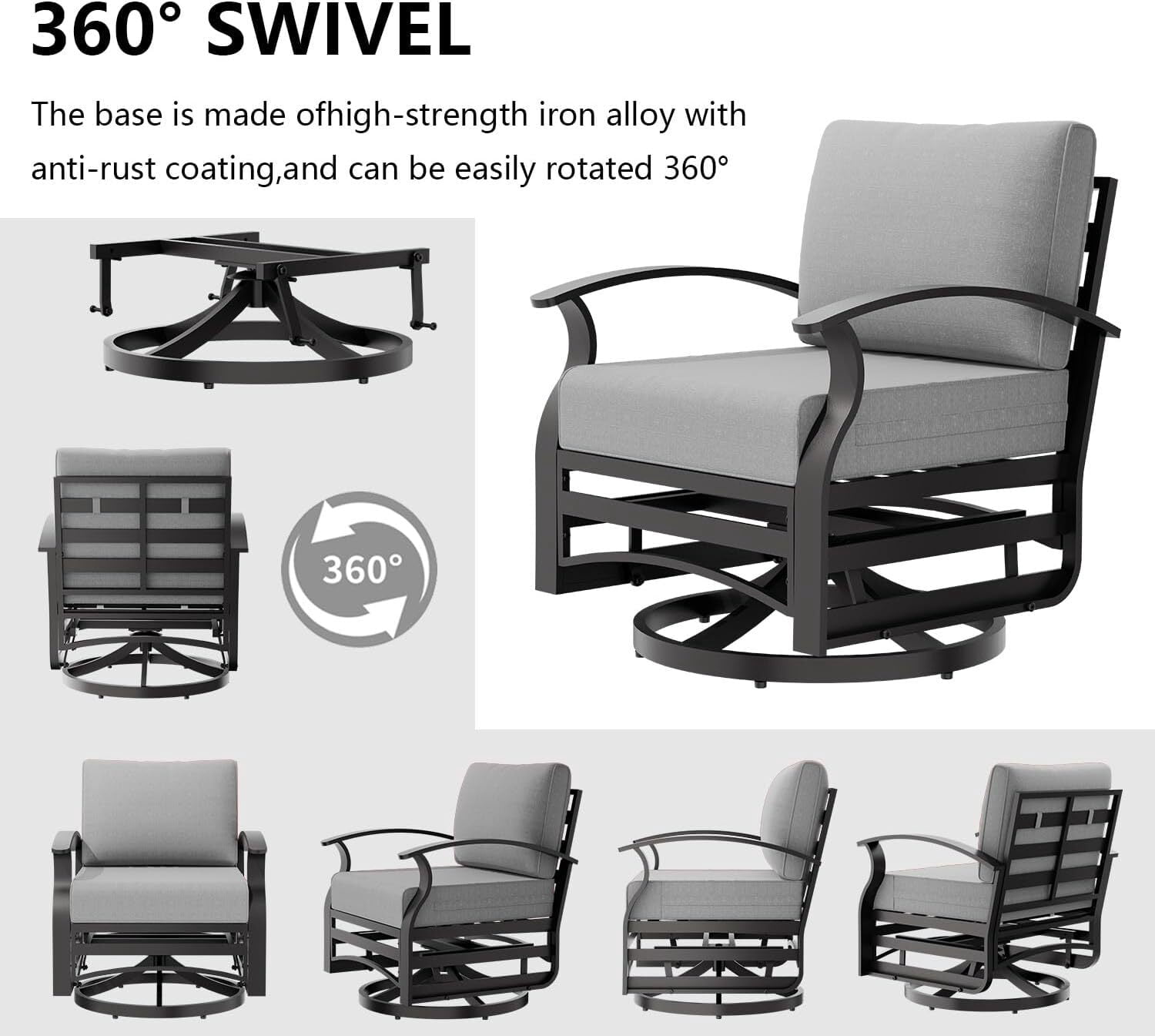 ASJMR 3PCS Outdoor Aluminum Swivel Rocking Chairs, 2-Person Patio Furniture Conversation Set with Coffee Table and Cushions, Grey