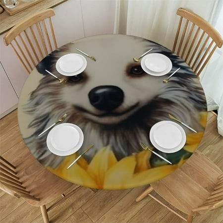 Vintage Sunflower Sloth Round Fitted Tablecloth with Elastic Protector Table Cloth Kitchen Dinner Waterproof Oil-Proof Table Covers