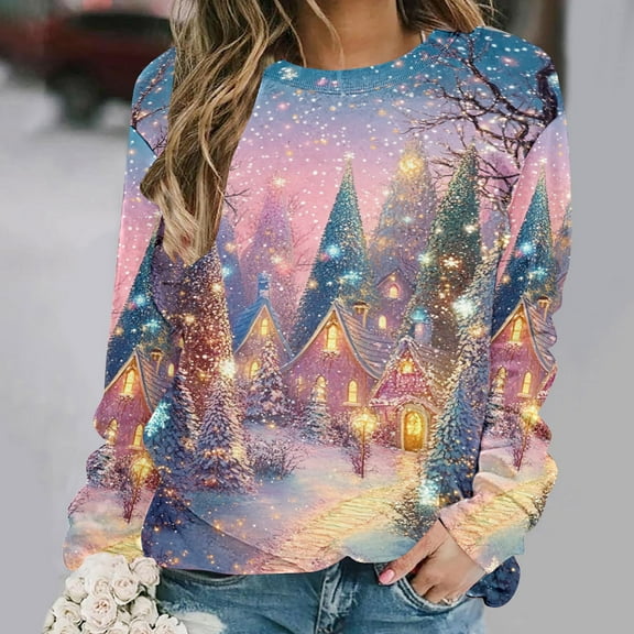 Uootdi Plus Size Christmas Womens Gift Long Sleeve Sweatshirt Funny Xmas Tree Santa Reindeer Snowman 3D Print Graphic Sweatshir ts