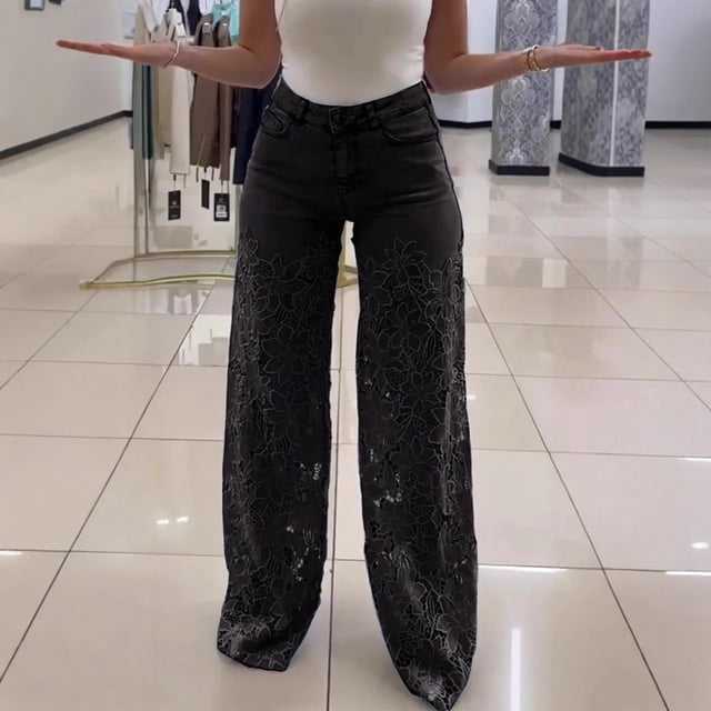 WILLBEST Jeans Mujer Pantalones Vaqueros Ajustados de Cintura Alta para Mujer, Con Ribete de Encaje, Informales, Cómodos, Con Diseño Calado, Corte Entallado a La Moda Grande