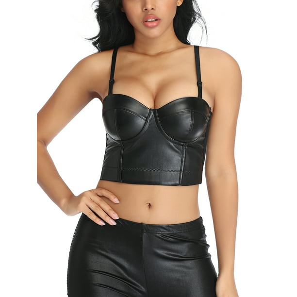 MISS MOLY Womens PU Leather Bustier Crop Top Gothic Punk Push Up Women's Corset Top -