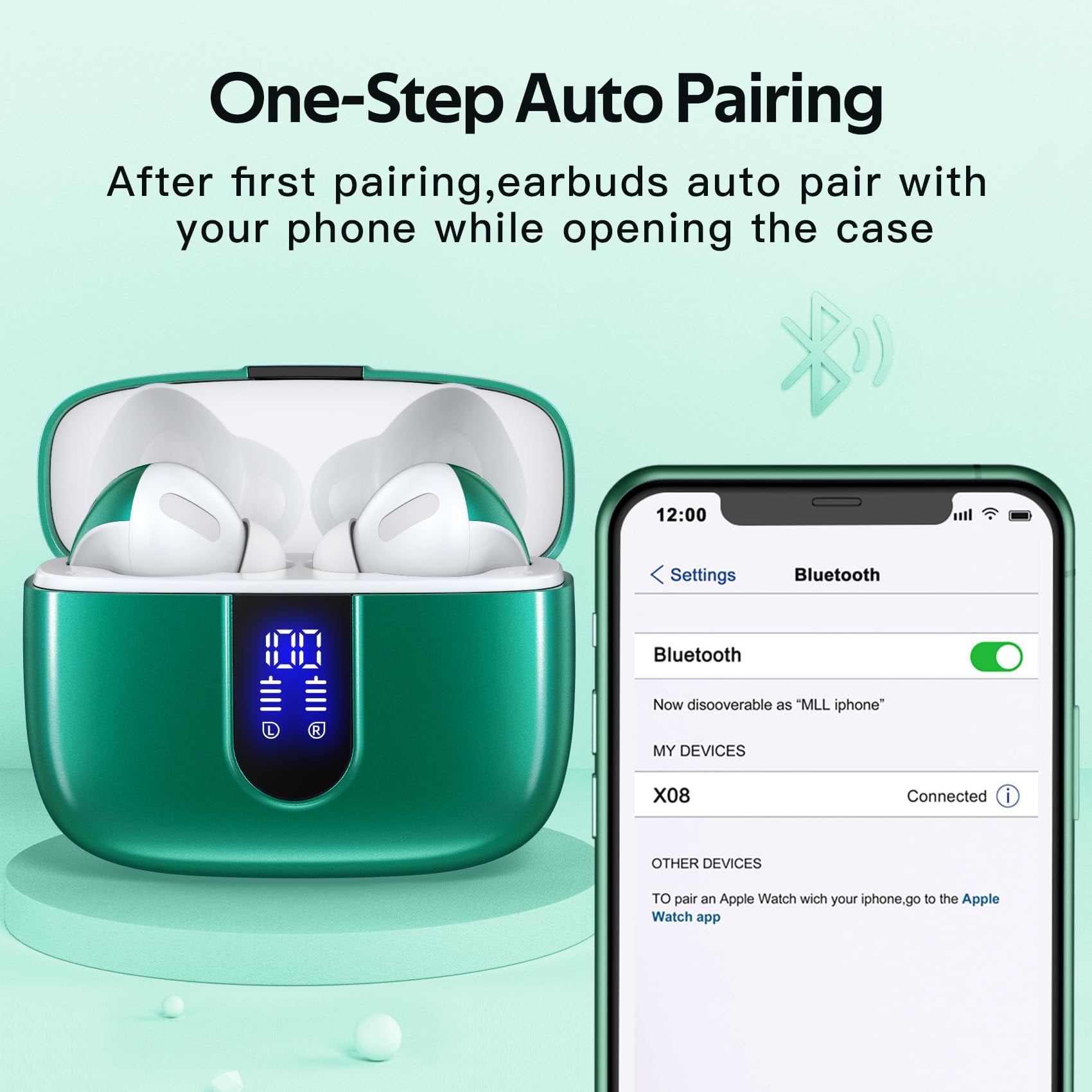 TAGRY Bluetooth Headphones True Wireless Earbuds 60H Playback LED Power Display Earphones with Wireless Charging Case IPX5 Waterproof in-Ear Ear buds with Mic for TV Smart Phone Laptop Computer