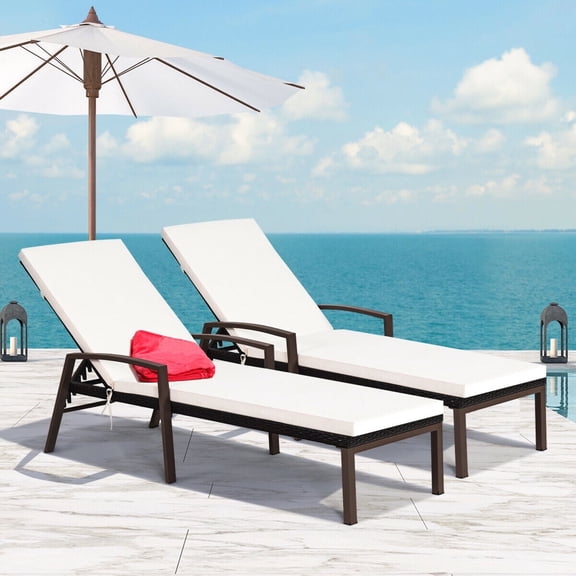 Costway 2PCS Patio Rattan Lounge Chair Chaise Recliner Back Adjustable Cushioned Garden Off-White & Red Cushion Brown Frame