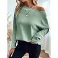 thumbnail image 2 of Women'S Crewneck Fall Knitted Top Waffle Off-Shoulder Pullover Long Sleeve T-Shirt Green M, 2 of 5