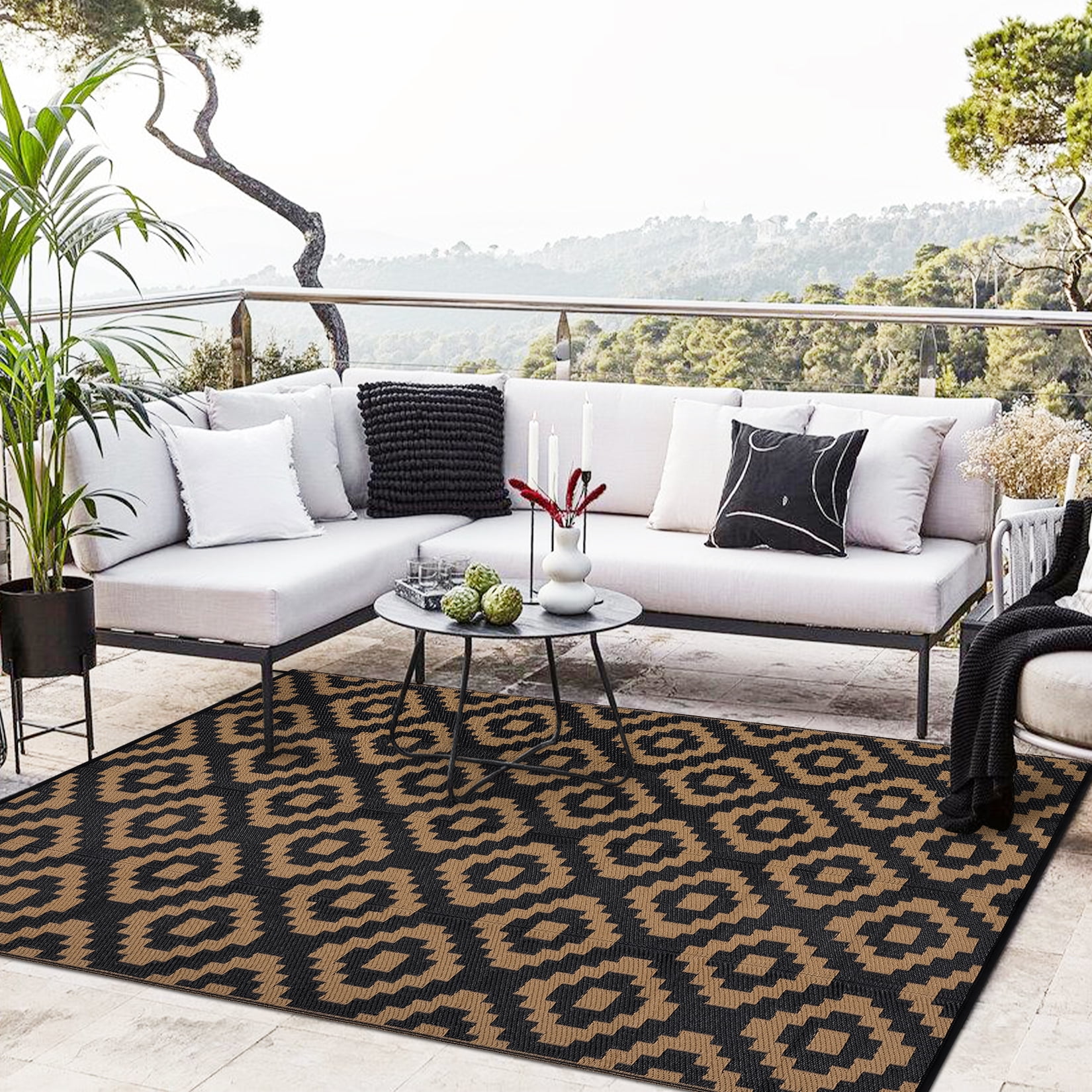Twister.CK 8x10' Waterproof Outdoor Rug, Reversible Plastic Patio Rugs with Storage Bag, Portable Modern Indoor Outdoor Carpet for Camping, Balcony Deck Backyard, Black & Brown