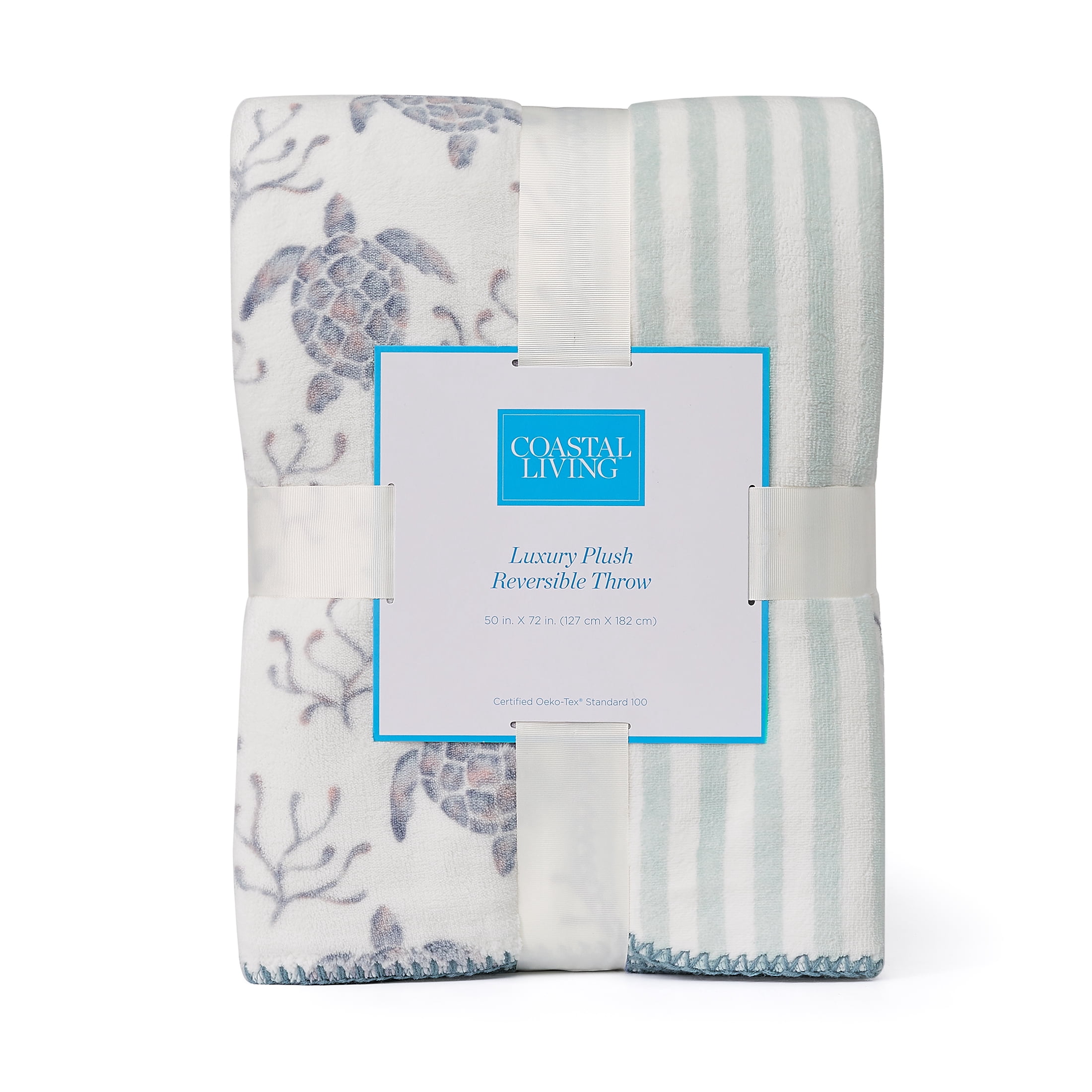 Coastal Living Throw Blanket, Reversible Plush Fleece Blanket for Couch, Blue Turtles Print, 50" x 72"