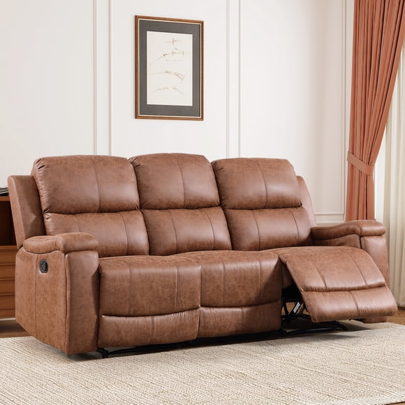 Bonzy Home PU Leather Recliner Chair, Manual Recliners with Cup Holders, Single Reclining Chair with Padded Headrest & Thick Seat for Living Room, Bedroom, Home Theater (3 Seat Reclining Sofa)