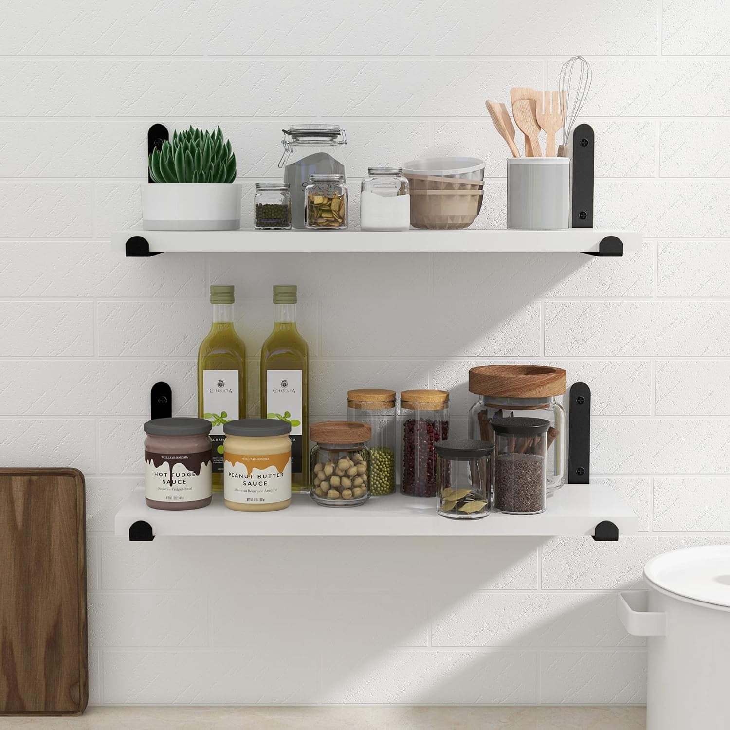 Afuly White Floating Shelves for Wall Hanging Shelves over Toilet Set of 2, 16in Wooden Decorative Shelves Wall Mounted with Black Brackets for Bathroom Bedroom Living Room