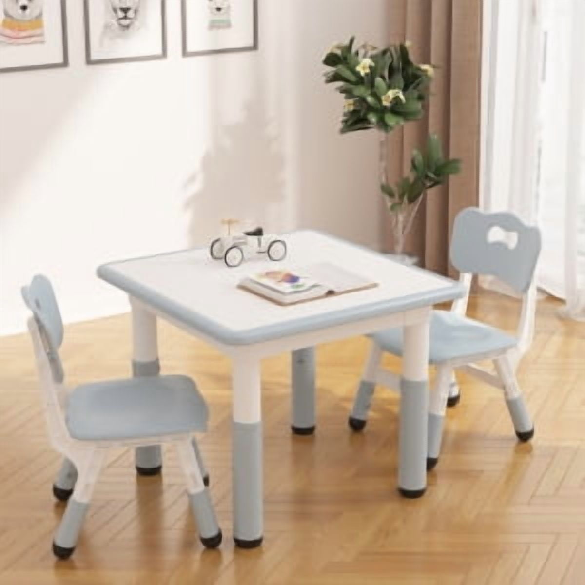 Kids Table & 2 Chair Set,Square Table and Chairs Set,Height Adjustable Toddler Table with Graffiti Desktop,Children Multi-Activity Table for 2,Kids Furniture for Ages 2-8
